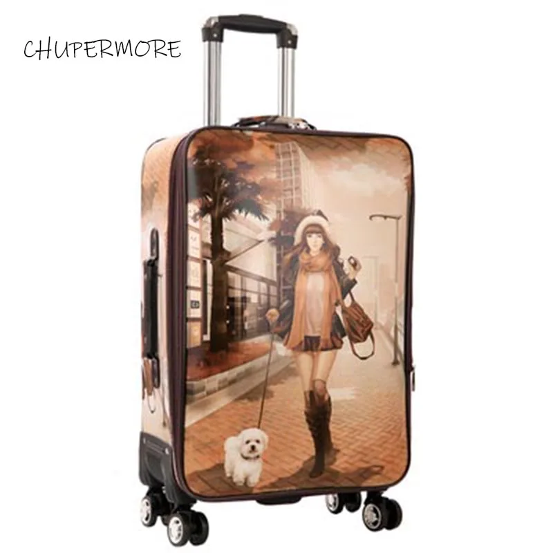 Chupermore модные граффити из искусственной кожи сумки на колёсиках Spinner Для мужчин чемодан колеса 20 дюймов для женщин носить пароль тележка