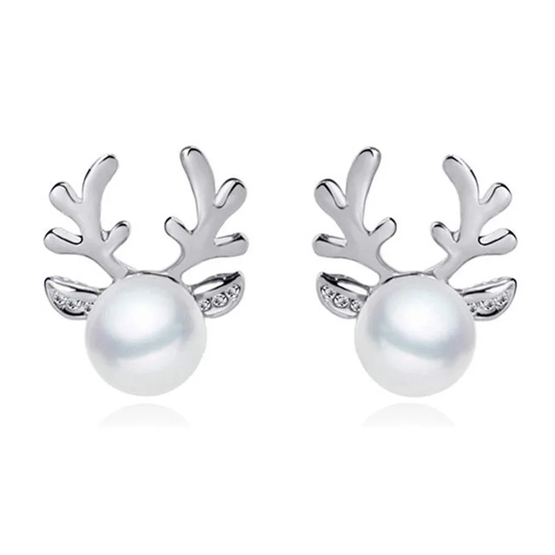 Silver 1Pair Модные популярные золотые серебряные рождественские жемчужные серьги с оленями для женщин, серьги-гвоздики и ожерелье для девочек, ювелирные изделия - Окраска металла: Silver 1Pair
