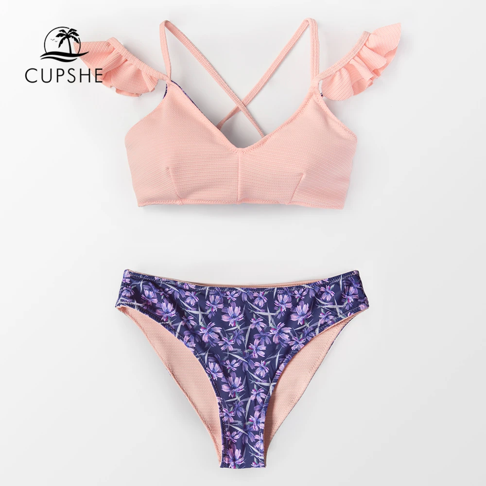 CUPSHE розовый гофрированный бикини с застежкой крест накрест наборы женские