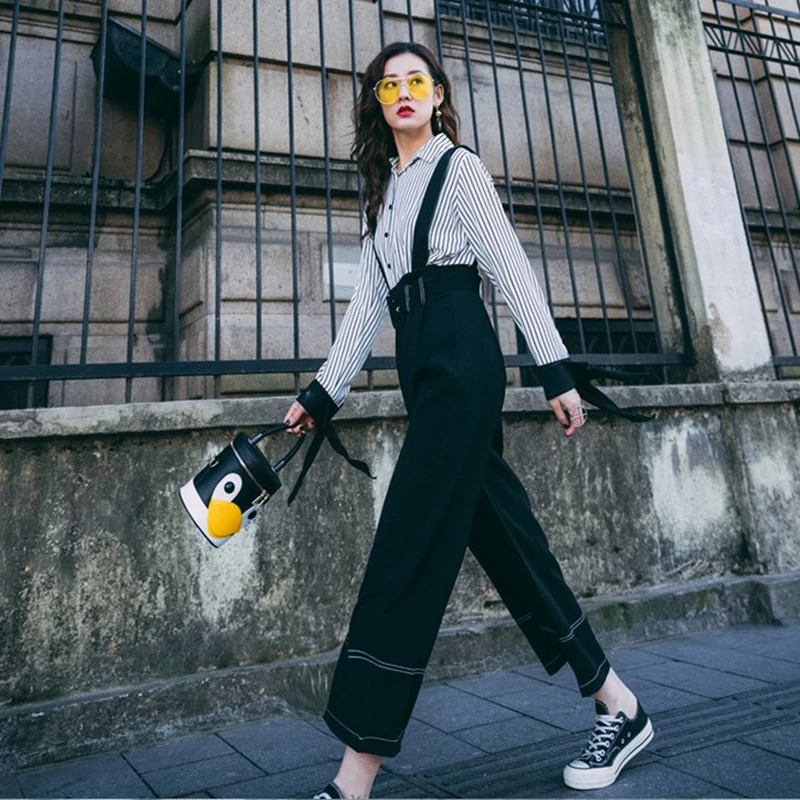 DM Store, подтяжки, широкие штаны, винтажные, Осенние, женские, свободные, высокая талия, одноцветные, с поясом, длина по щиколотку, повседневные штаны