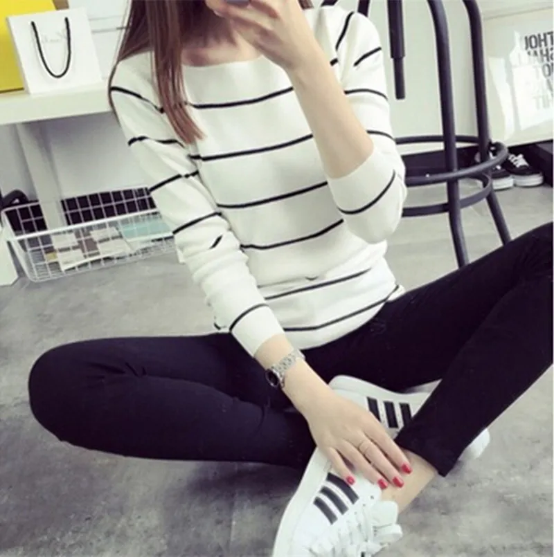 2016 new hot sale women's spring autumn knit pullover sweaters woman o-neck striped sweater 2 colors | Женская одежда