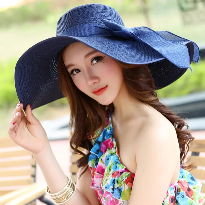 Шляпа от солнца Женская с большим бантом складная Соломенная пляжная кепка