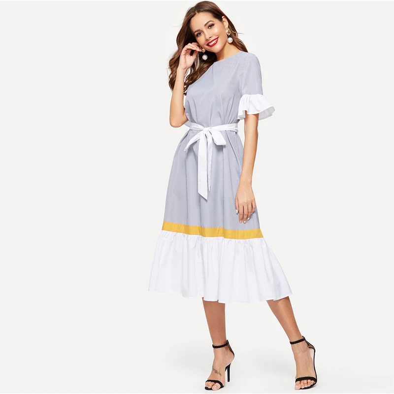 SHEIN модное платье в полоску с оборкой и цветным поясом,, Boho, весна-лето, короткое платье с воланом, рукав, туника, цельнокроеное женское платье