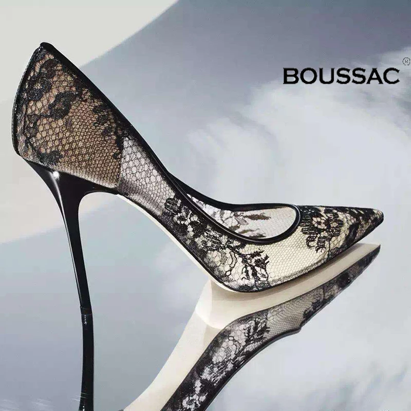 Boussac/элегантные женские туфли-лодочки на высоком каблуке; прозрачные свадебные туфли с цветочным кружевом; женская пикантная обувь для вечеринок с острым носком; SWB0107