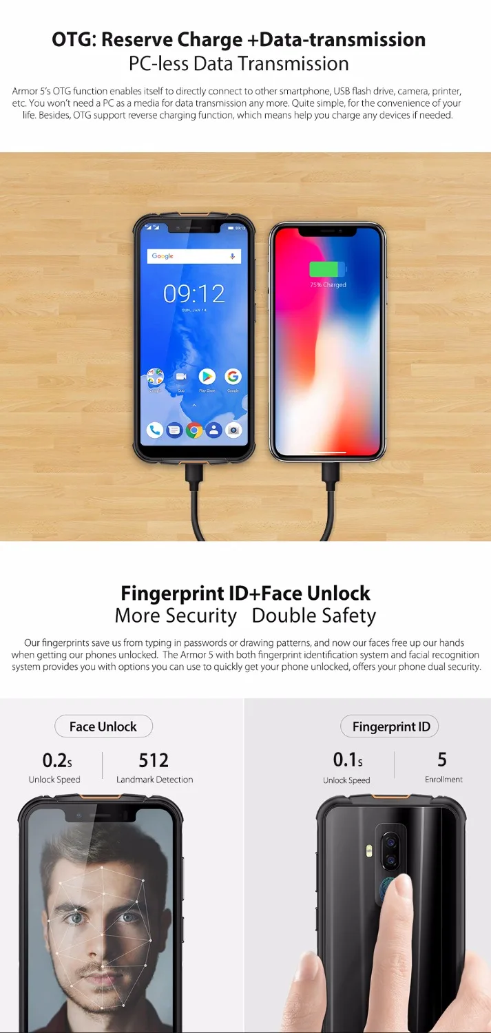 Ulefone Armor 5 Android 8 1 IP68 водонепроницаемый смартфон 85 "Восьмиядерный 4 Гб ОЗУ 64 NFC Face ID