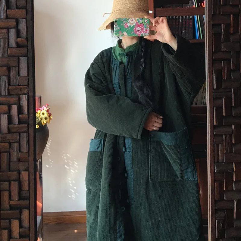 Johnature вельветовые парки пальто Ретро стиль женские зеленые зима 2019 длинный рукав