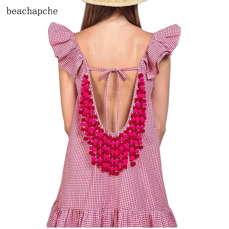 

Summer Sexy Backless tassels Women Dress A-line Beach Casual Dress Solid Sleeveless V-neck Loose Women Dress Above Knee Mini La