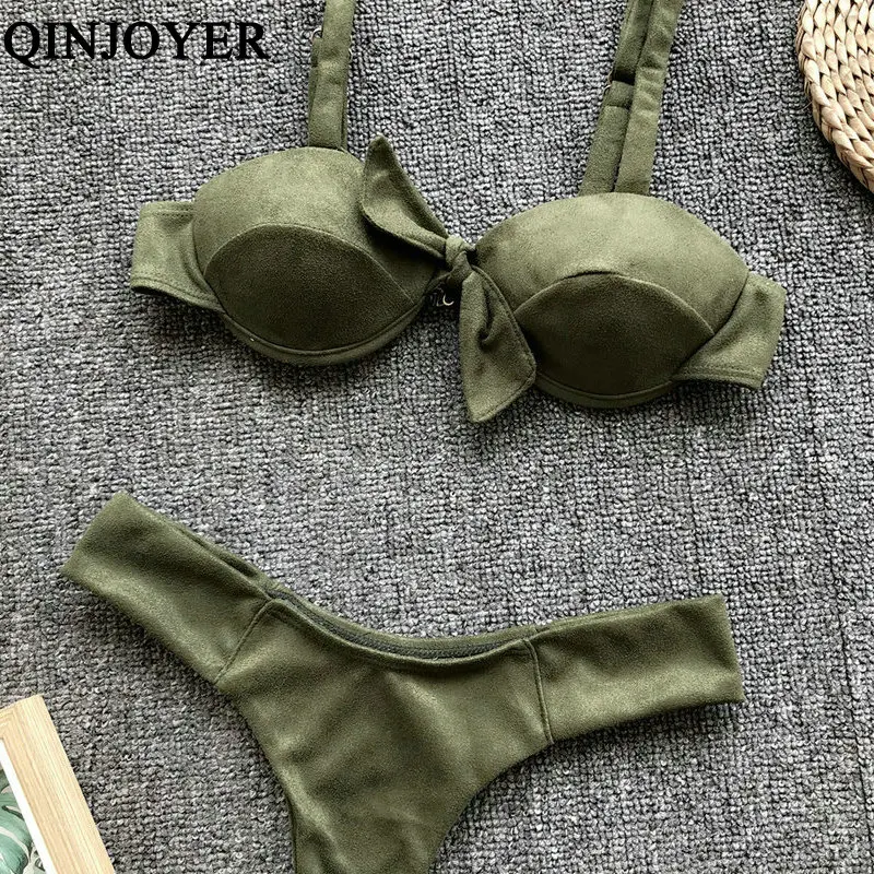 QINJOYER, сексуальные стринги, бикини, набор, пуш-ап, купальник,, Одноцветный, 2 штуки, бразильский купальник, для женщин, Холтер, бикини, купальники, бикини