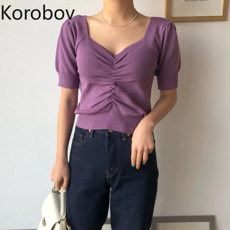 Korobov/Корейская Элегантная короткая футболка с v образным вырезом винтажный