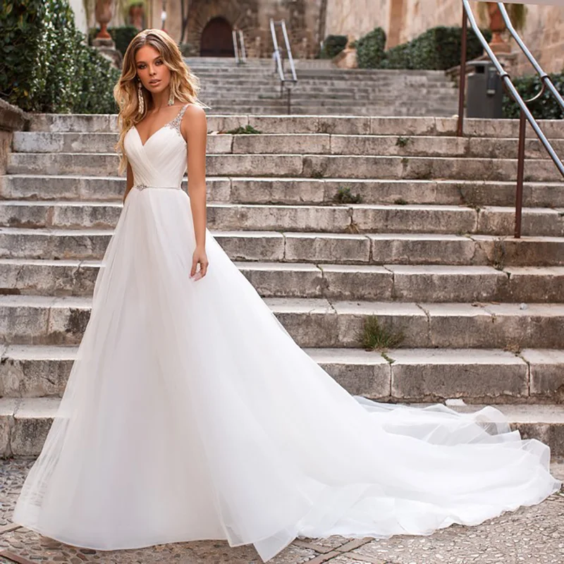 

Smileven White Wedding Dress Crystal Beaded Applique Luxurious Bridal Dress Long Train V Neck Wedding Gown
