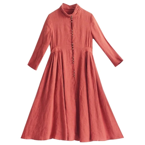 Brick Red IRINAW771 Осенняя коллекция винтажный однобортный длинный льняной плащ со стоячим воротником для женщин - Цвет: Brick Red