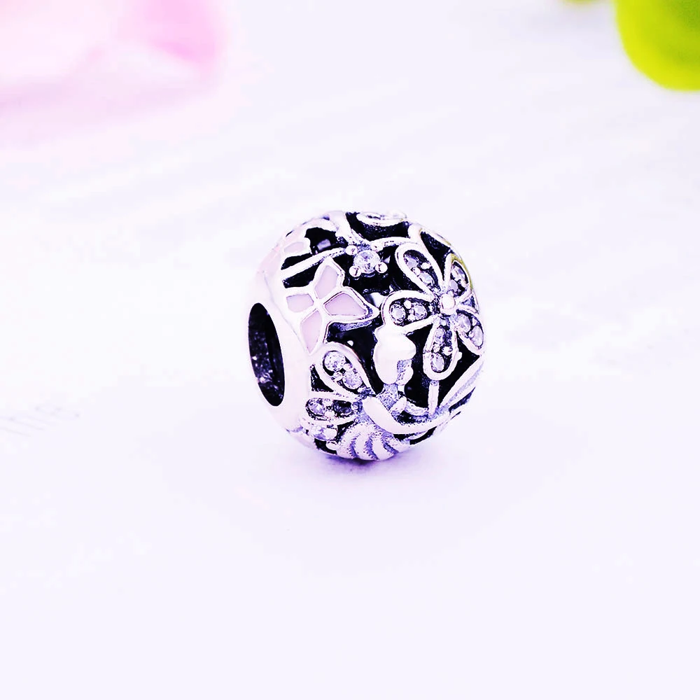 Серебряные бусины 925 пробы, Подходит для Pandora, очаровательный браслет, Ослепительная Фея Маргаритка, подвеска, светильник, Розовая эмаль и прозрачный Cz