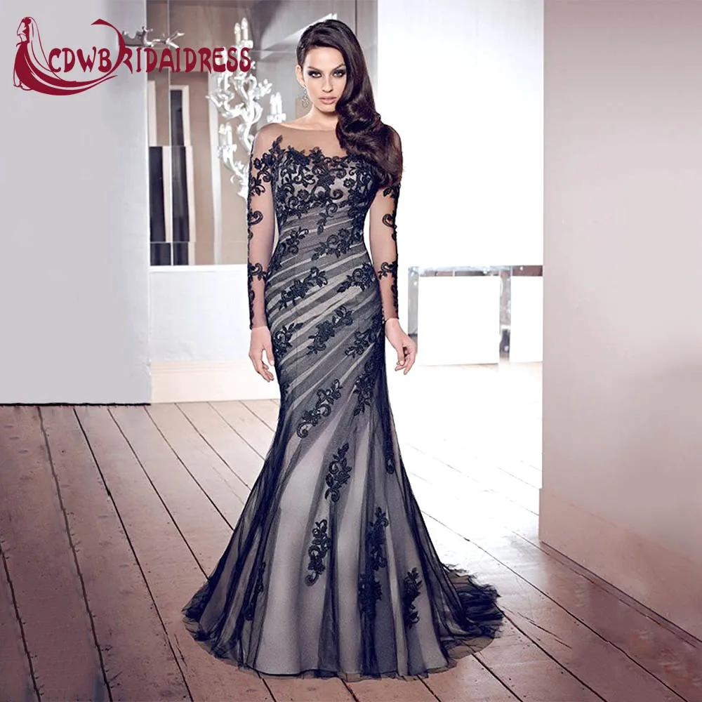 Новое Поступление Романтика Черное Кружево Аппликация Длинные Русалка Вечерние