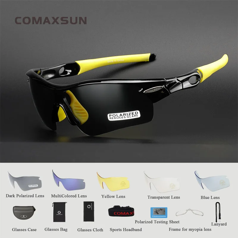 Black Yellow COMAXSUN, Профессиональные поляризованные велосипедные очки, велосипедные очки, спортивные велосипедные солнцезащитные очки, UV 400, с 5 линзами, 5 цветов - Цвет: Black Yellow
