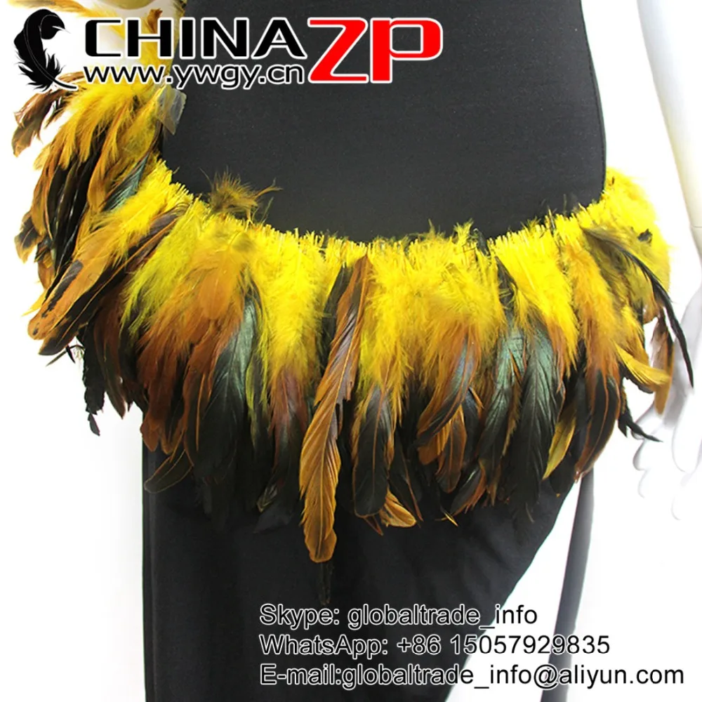 

CHINAZP Factory 800pieces/Bundle 80-85cm Length Good Quality Dyed Yellow Half Bronze Strung Rooster Schlappen Feathers