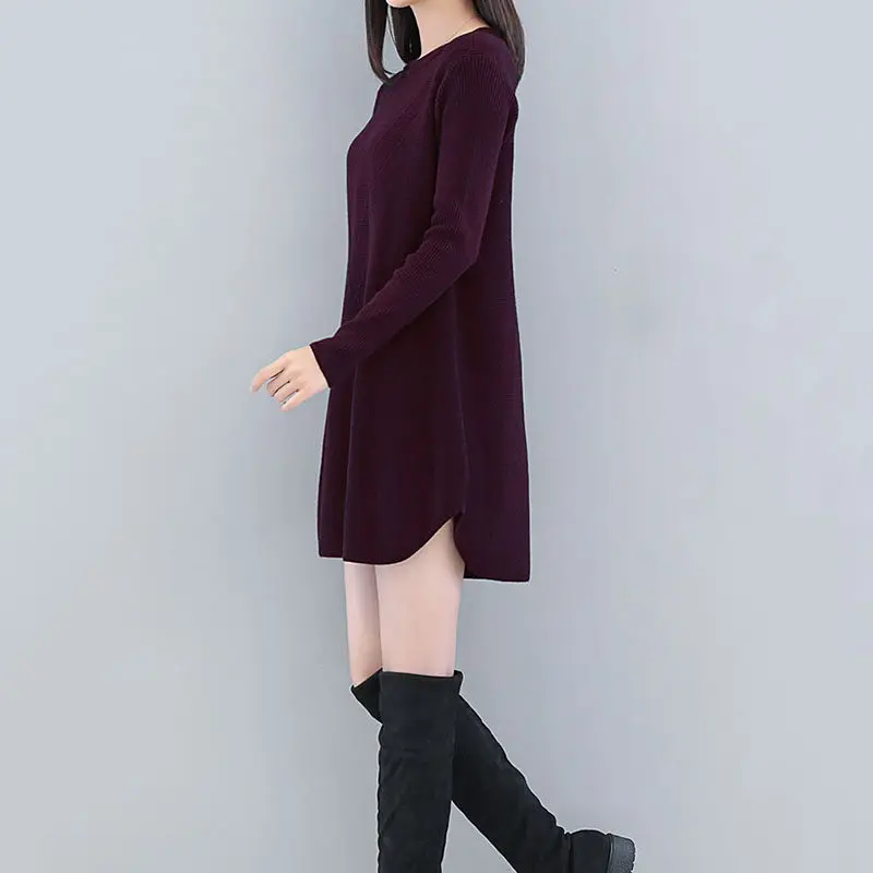 2018 Autumn Winter New Large Size 4XL Women's Loose Long Pullover Sweater Round Neck Solid Color Knit Bottom LQ551 |