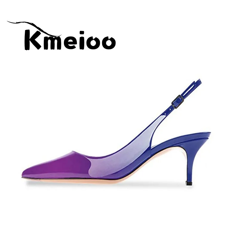 Purple Blue-patent Kmeioo/пикантные женские туфли-лодочки с леопардовым принтом на тонком каблуке, женская обувь для вечеринок, Брендовые женские туфли-лодочки с острым носком и ремешком на щиколотке, большие размеры - Цвет: Purple Blue-patent