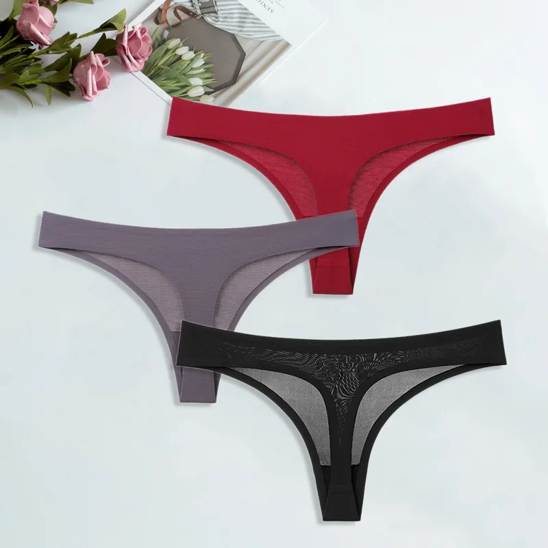 Black-Dark grey-Red Шелк льда стринги для женский сексуальный бесшовный стринги трусики хлопок женское нижнее белье девушки бикини женские трусы нижнее белье 3 шт./компл - Цвет: Black-Dark grey-Red