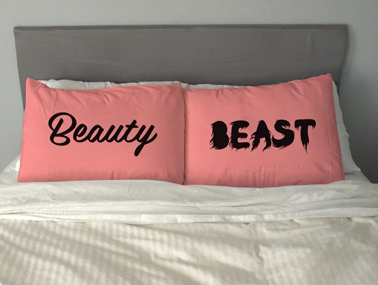 Quirky Funny Beauty and Beast Pillowcase Set Pillow Case Pillowcases Custom Fun Wedding Valentine Gift White Cyan Pink Orange | Дом и сад