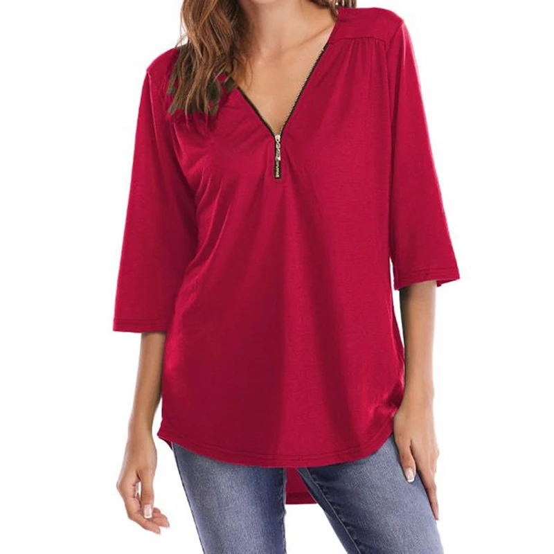 Women Summer Top V Collar Zipper Half Sleeves Loose Shirt Irregular Hem Casual T Shirts For Colth | Женская одежда
