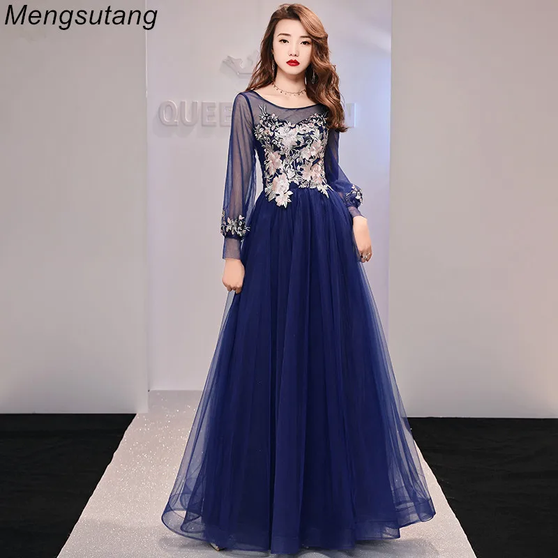 

Robe De Soiree 2023 Navy Blue Full Sleeves Tulle Vestido De Festa Scoop Neck Appliques Formal Evening Dresses Elegant Prom Gowns