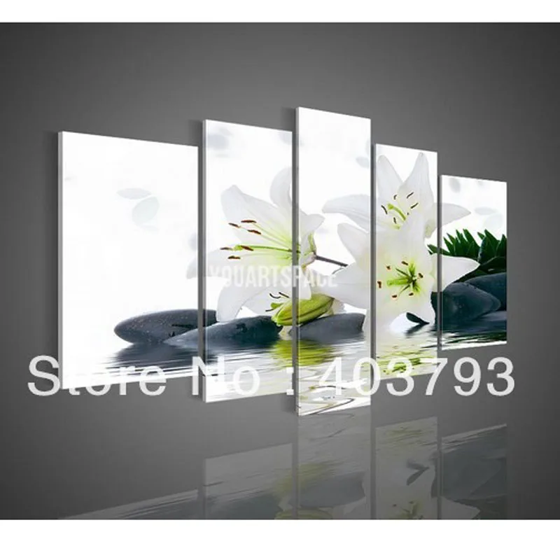 5 панелей Чистая ручная роспись Масляные картины Элегантный белый цветок камень