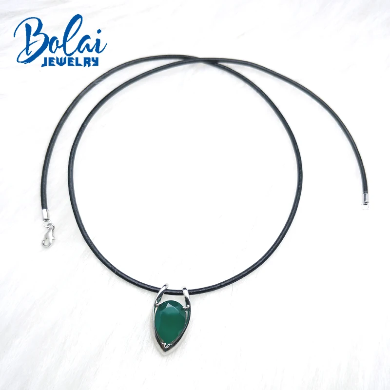 Bolaijewelry, серебро 925 пробы с натуральным зеленый агат, натуральный камень, ожерелье с кулоном с кожаным аккордом, хорошее ювелирное изделие для женщин