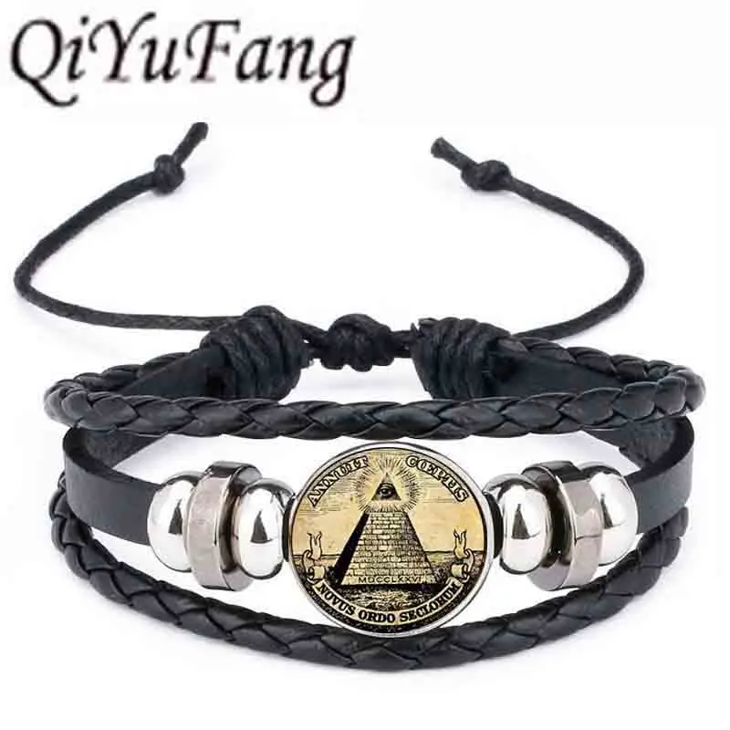 QiYuFan масонский Бесплатный масон, вольный каменщик Illuminati масонский глаз кожаный браслет черный многослойный Шарм для женщин мужчин 1 шт./лот подарок