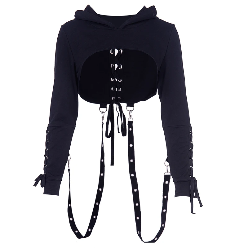 Black Short Hooded Top Gothic Punk Long Sleeve Hoodies Streetwear Fashion Women Tops Coats Halloween Solid Dark Bandage Hoodeds