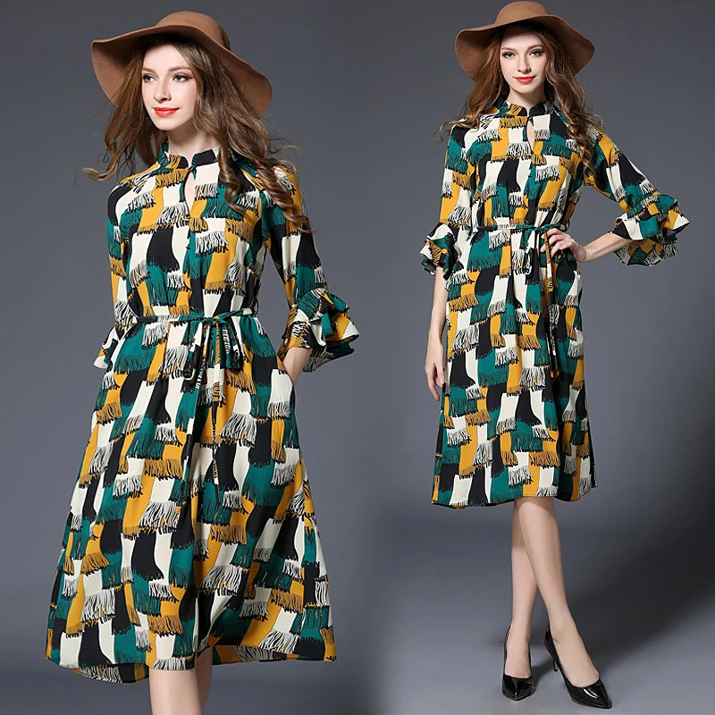 Женская Весна Dress Бабочка Рукавом Мандарин Воротник Sweet Женщины Печати YY 6699|women