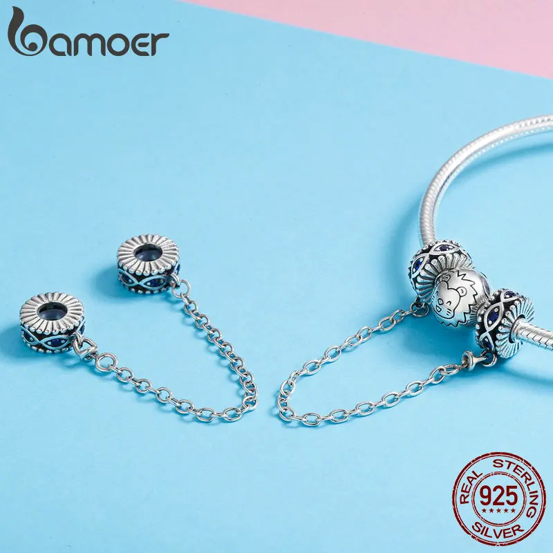 BAMOER 925 пробы Серебряный Хранитель голубые глаза голубой CZ безопасный Цепной Стопор Шарм подходит браслет браслеты DIY Ювелирные изделия SCC617