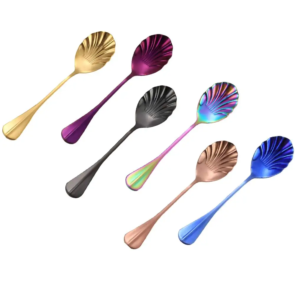 6pcs Mixed color 6 шт. в форме раковины, чайные ложки из нержавеющей стали, кофейные ложки, мороженое, сахар, десертные ложки, красочные радужные ложки для кухни, бара - Цвет: 6pcs Mixed color