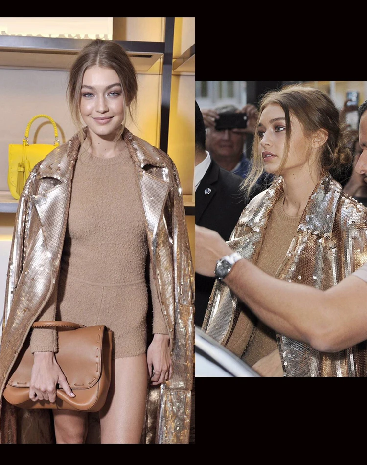 Золотистая длинная блестящая женская куртка с отложным воротником