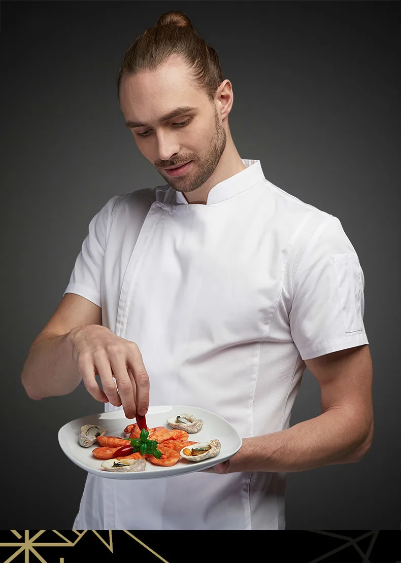 С коротким рукавом шеф-повара Униформа дышащая летняя кухня кулинарная куртка ресторан отель кафе Парикмахерская официант Рабочая Рубашка унисекс