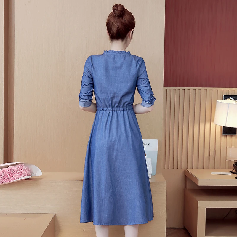 Spring and autumn Waist dress of denim women's wool Slim single-breasted with long sleeves Round collar casual jeans | Женская