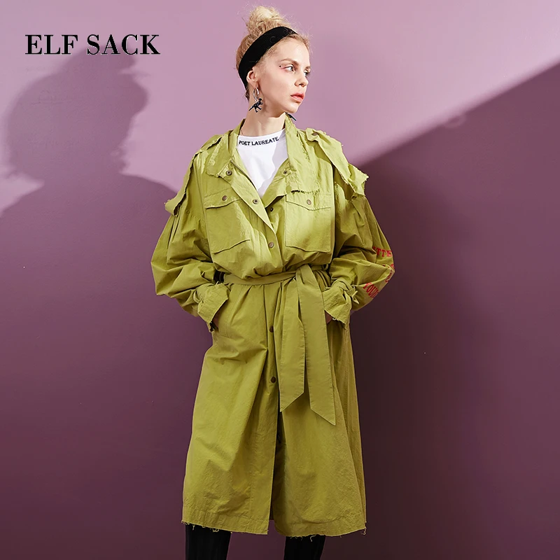 ELFSACK, женские тренчи, с буквенным принтом, с рукавом, свободная верхняя одежда, для женщин, для работы в уличном стиле, длинные тренчи, с галстуком, Женский Тренч из органической кожи