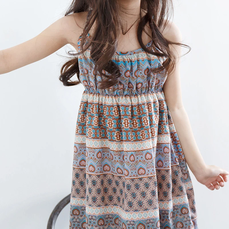 Bear Leader Girls Beach Bohemian Dress New Geometric Pattern Kids Sling-Sleeve Dresses For big children's beach Clothes | Детская