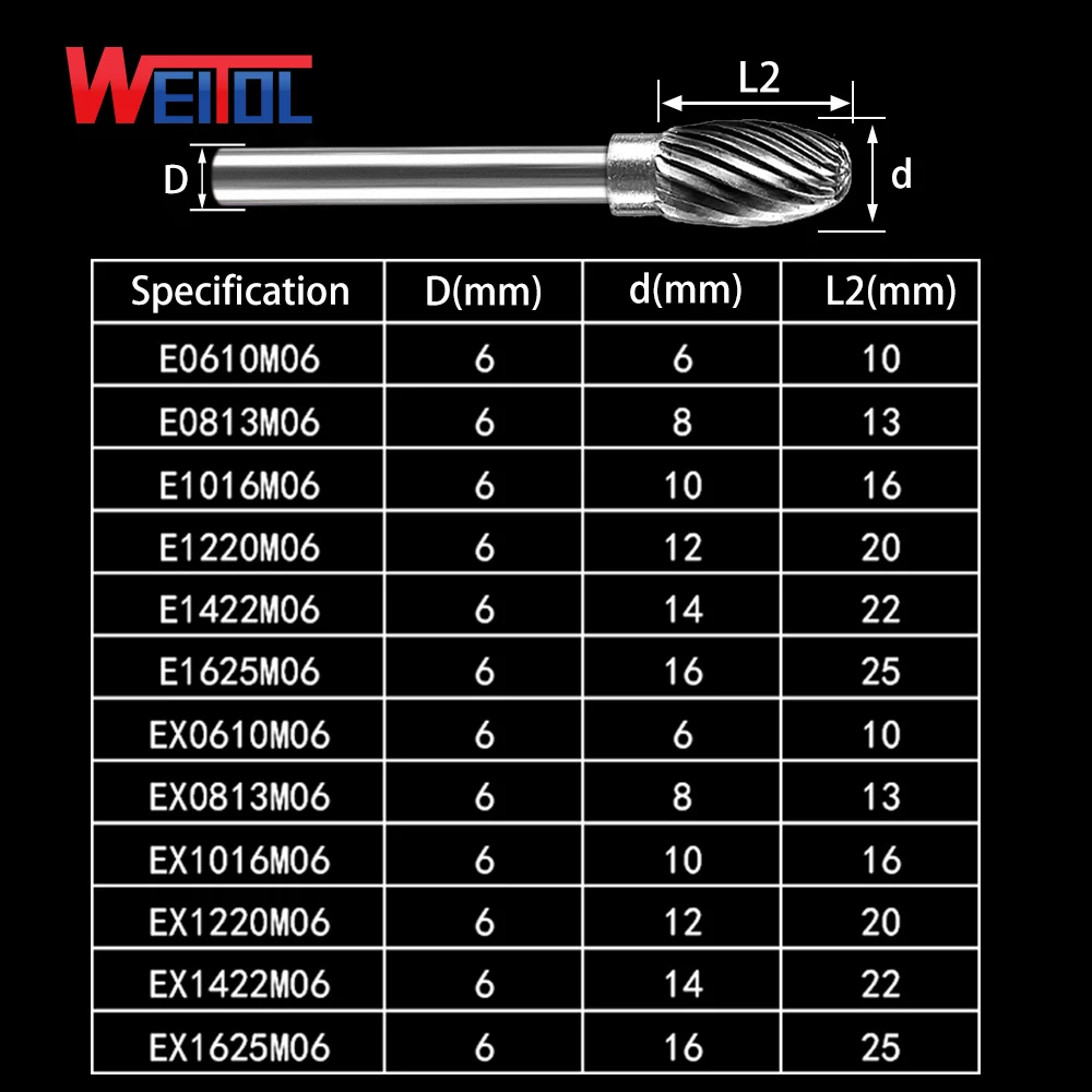 Weitol 1 шт. 6 мм E Тип Карбид роторные файлы заусенцы резак биты для гравировки