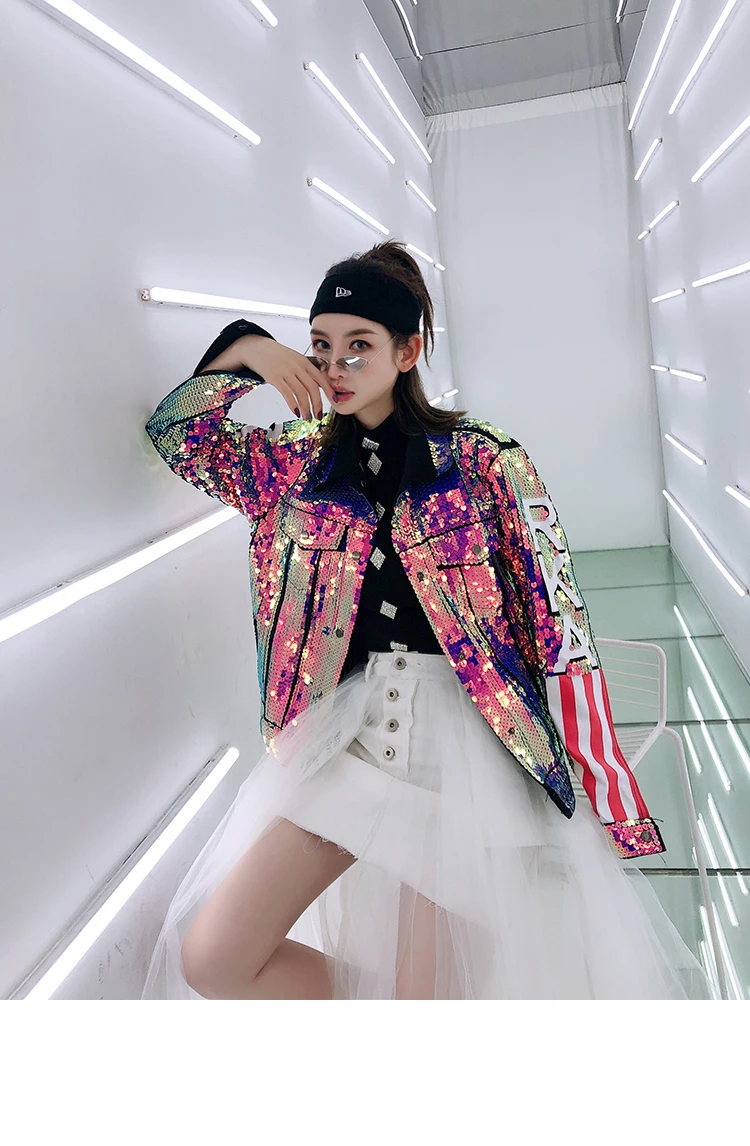 7Mang Весенняя женская уличная куртка Harajuku флаг с надписью куртка с блестками свободные вечерние пальто с длинным рукавом Верхняя одежда в стиле хип-хоп 0226