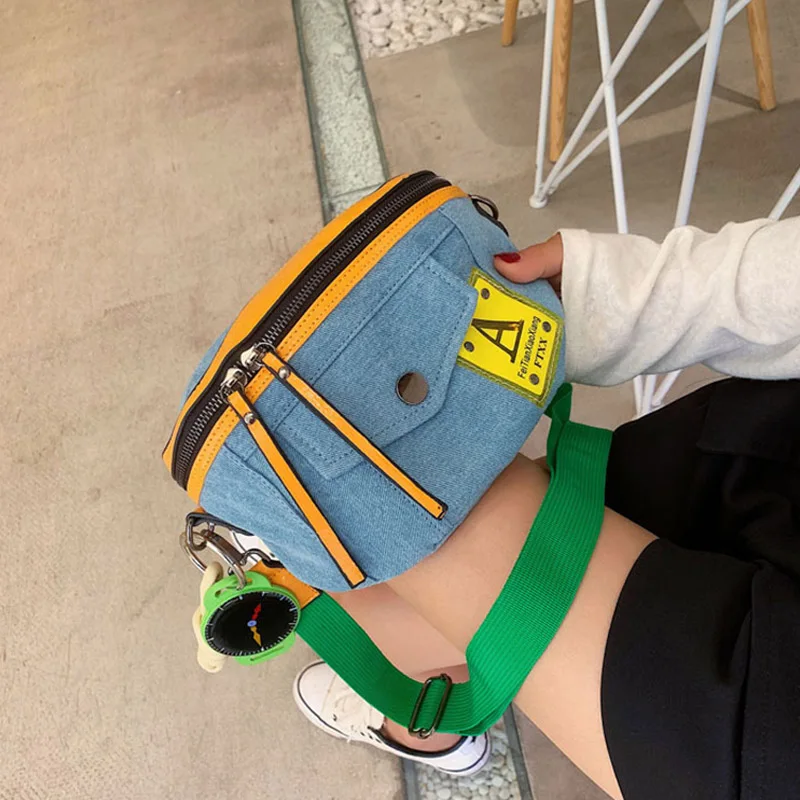 Green Crossbody Bag Модная Сумка-седло для женщин, женские джинсовые сумки на плечо, мультяшная сумка через плечо с кисточкой, украшение часов, нагрудные сумки для женщин - Color: Green Crossbody Bag