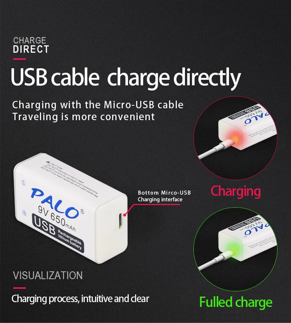 PALO 9v USB перезаряжаемые батареи li-ion 9v батарея 650mah литиевые перезаряжаемые батареи usb для массажера детектора металла