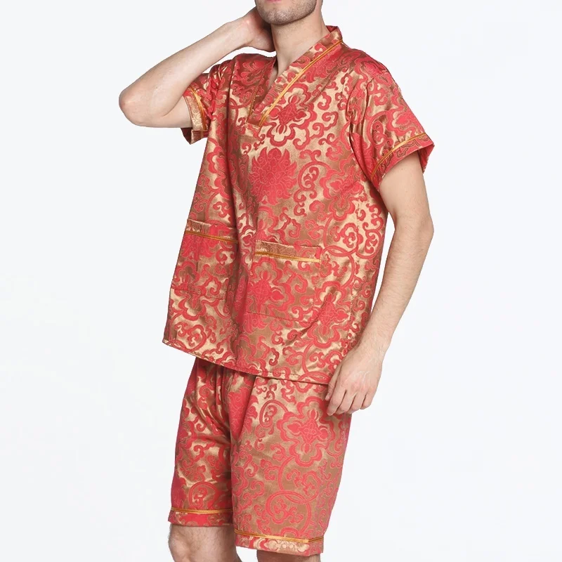 Мужская рубашка с короткими рукавами и цветочной вышивкой полубрюки пижама