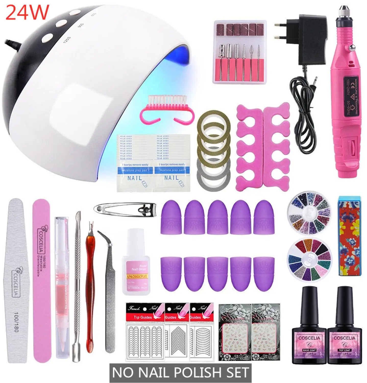 24W No Gel Polish Маникюрный набор COSCELIA 80 Вт УФ светодиодная лампа с 12 шт. Гель-лак для ногтей Набор для ногтей Электрический сверлильный станок Инструменты для маникюра - Цвет: 24W No Gel Polish