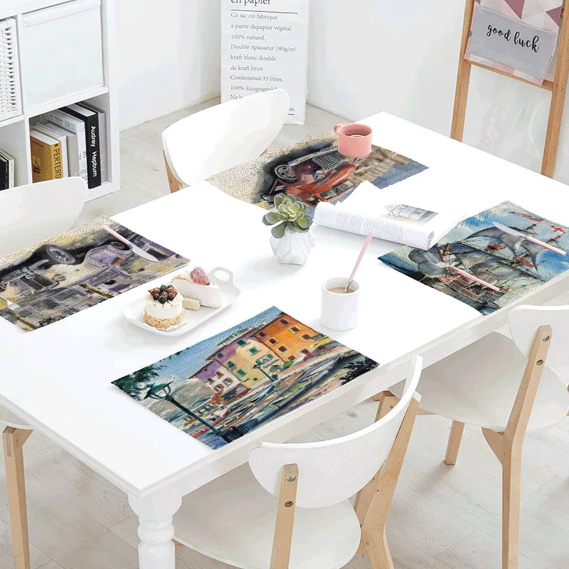 Картина маслом автомобиль Лодка порт скатерть улица пейзаж покрытие стола