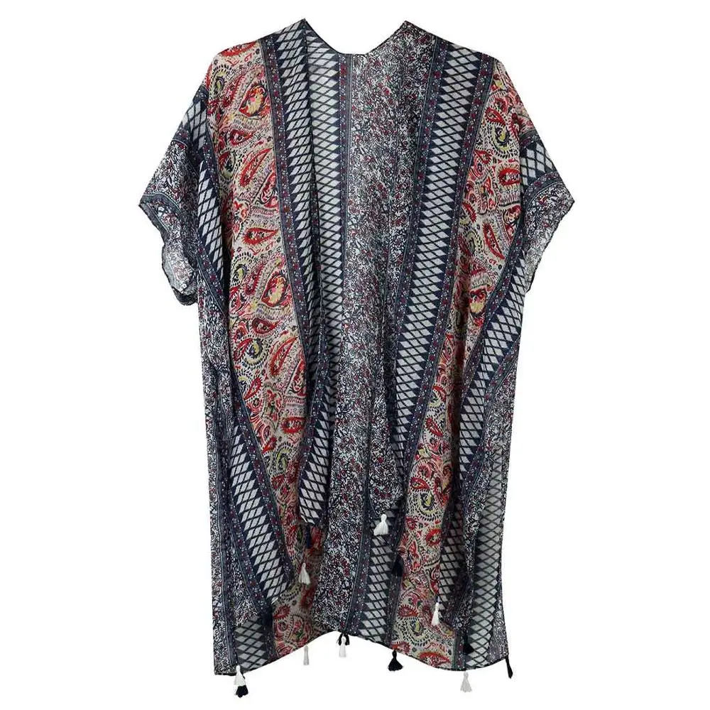 9 Разноцветное кимоно с цветочным принтом Mujer bluse Feminino Летний Пляжный длинный кардиган Женская винтажная блуза Boho Топ кимоно Женская рубашка - Цвет: 9