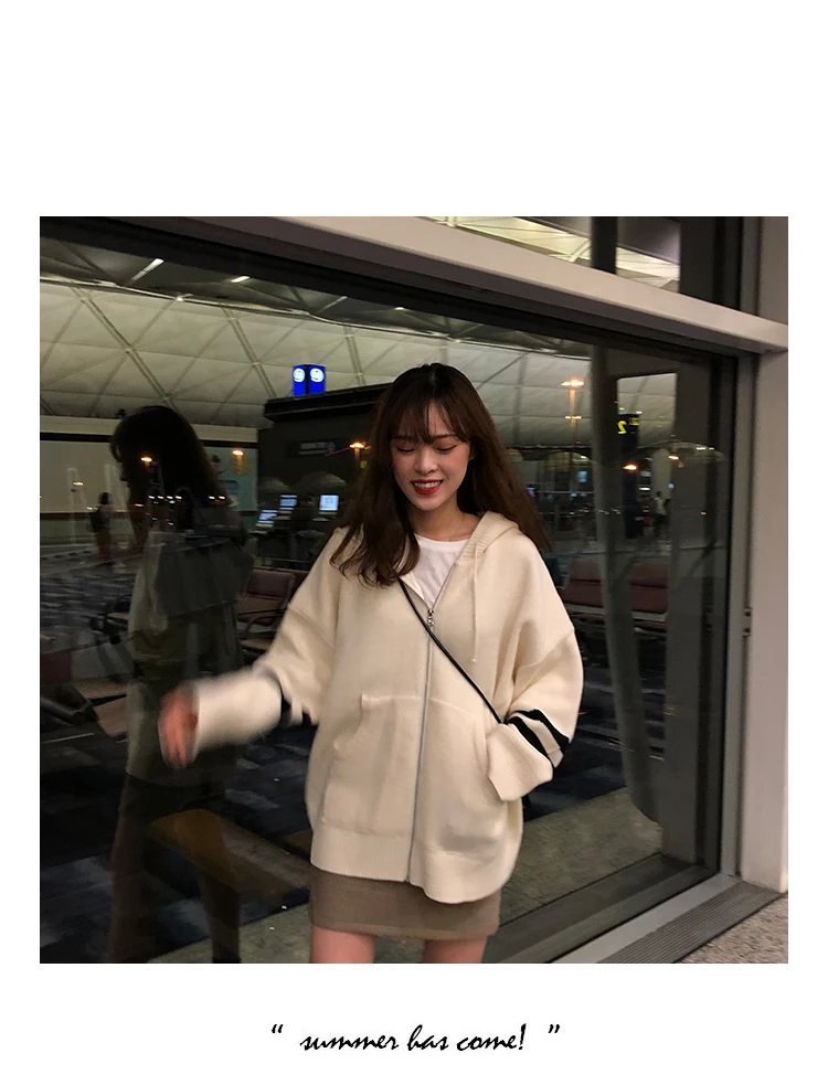 Woherb Harajuku Knitted Cardigan Women Korean Style Modis Striped Print Hooded Sweater Coat Girls Casual Runway Sweaters