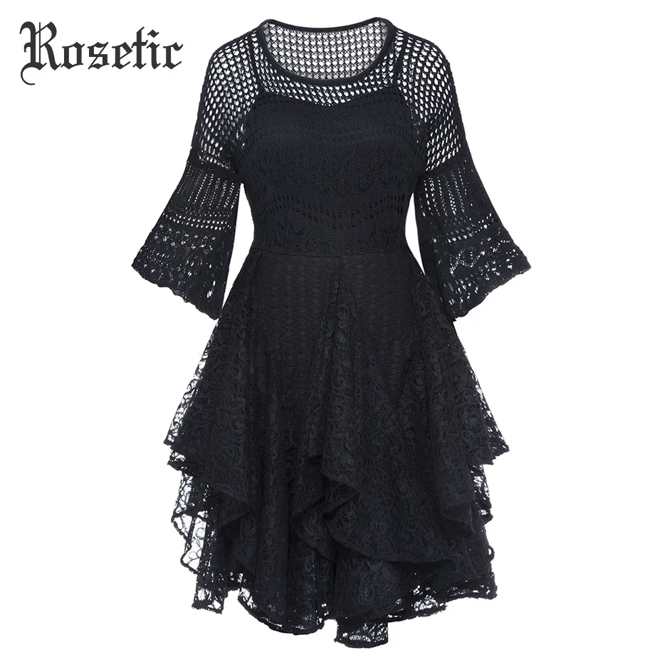 Rosetic Gothic Dress Women Black Summer A-Line Lace Hollow Flare Sleeve Double Casual Party Fashion Sexy Goth Female Dresses | Женская