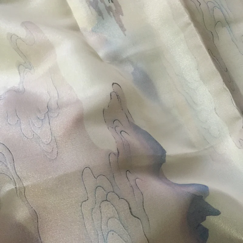 

Clouds Crane Painting Organza Fabric Chinese Classic Clothes Fabric For Dress Qipao Han Style Costumes Stage Background Decors