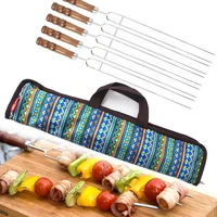 5pcsset stainless steel barbecue wooden handle kitchen needle stick skewer grill kebab needles outdoor sticks tools free bag