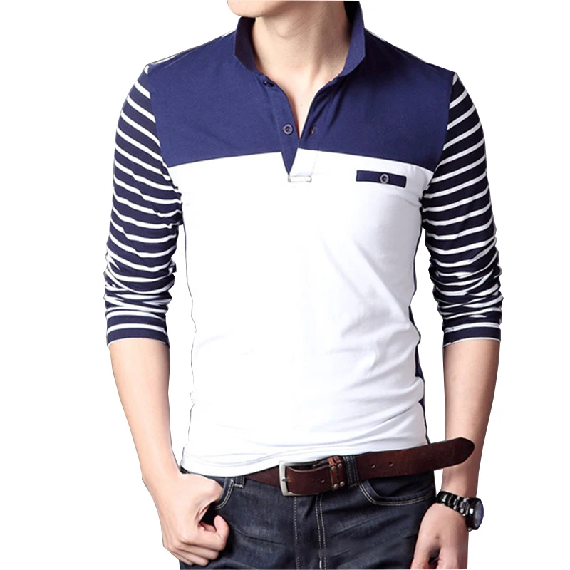 

Casual Men Long Sleeve T-shirt stripe Stitching Buttons 95%Cotton Elastic Slim Fit Dress T Shirt Men Spring Autumn Tops & Tees